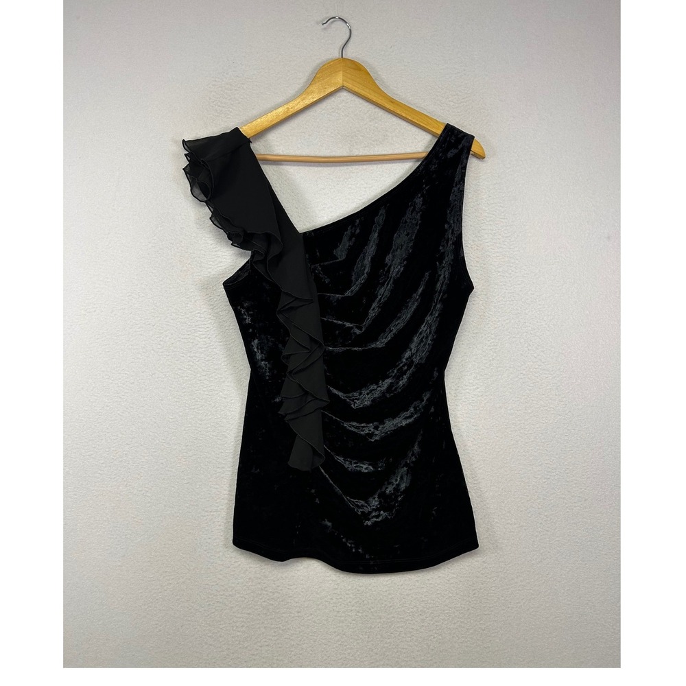 Party Glam BCX Womens XL Black Crushed Velvet‎ One Shoulder Ruffle Ruched Top